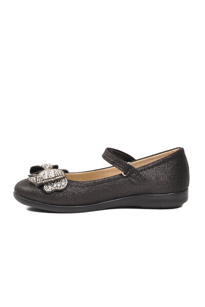 Arzen Black Glittery Orthopedic Stone Bow Detailed Strapped Girls' Ballerinas