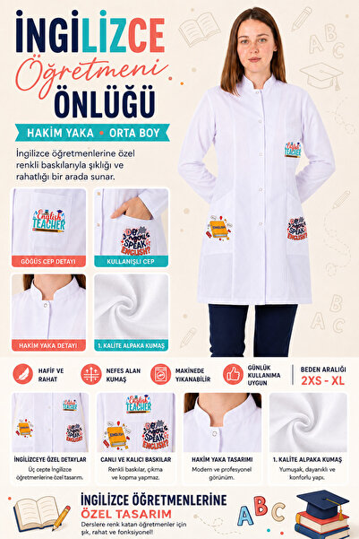 YnkStore İngilizce öğretmeni orta boy hakim yaka baskılı beyaz önlük branş öğ...