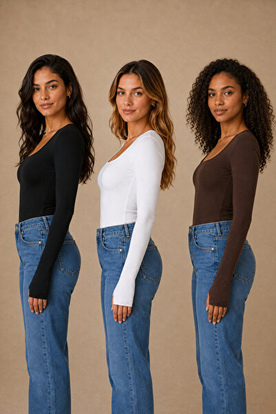 LACASE Kadın Siyah Beyaz Kahve rengi 3'lü Basic Uzun Kol Kare Yaka Body