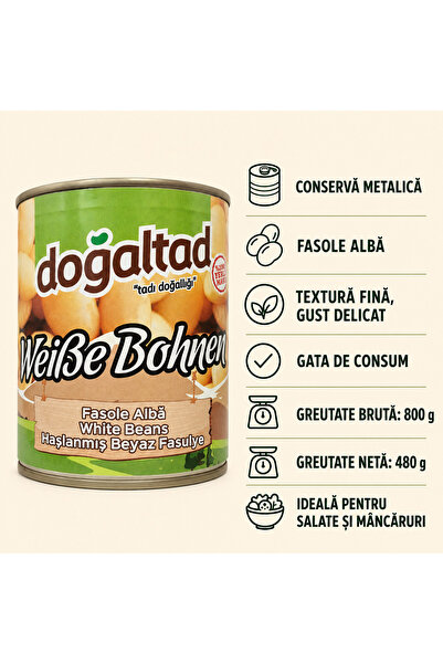 DOĞALTAT Fasole Albă Fiartă DOĞALTAT, Set 3 X 800 g