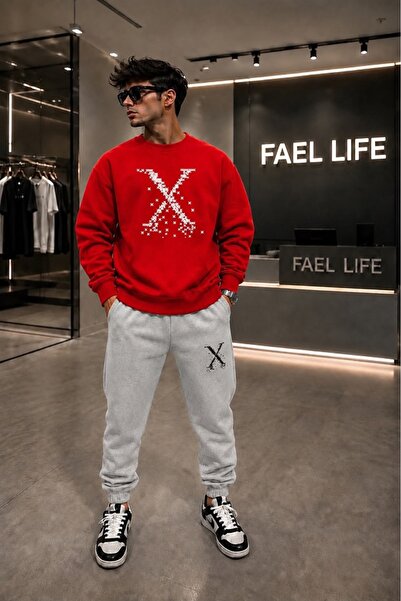 FAEL LİFE Unisex Comfortable Fit Zero Collar and Sweatpants X Printed Set