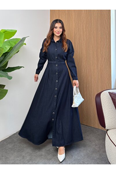 MiraMore Butik Women's Shirt Collar Belted Buttoned Denim Long Dress