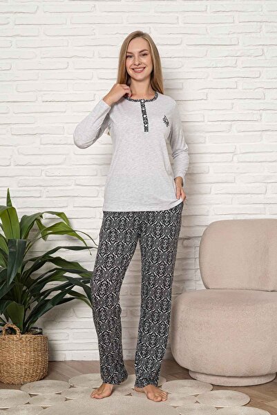 ALİMER Women's Pajama Set - Gray Ethnic Pattern Long Sleeve Lycra Fabric 2923Uy