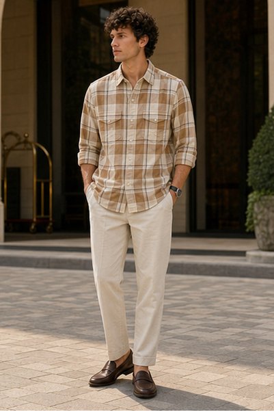 RIVER BLUE Men's Slim Fit Checked Long-Sleeve Shirt - Tan