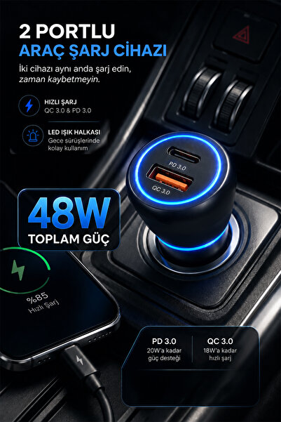 mimtec 48W Hızlı Araç İçi Şarj Cihazı - Çift Portlu Type-C Şarj Kablolu Hızlı Şarj Cihazı