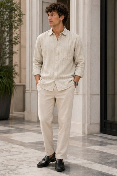 MARCO DONATELI Men's Regular Fit Embroidered Short-Sleeve Shirt - Cream