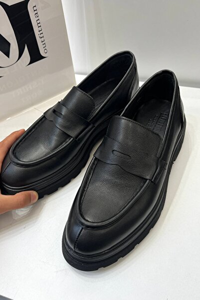 OUTFİT MAN Cowhide Moccasin High Sole Shoes Black