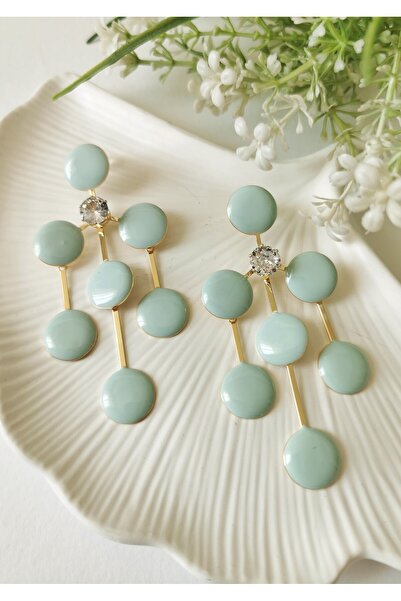 Halley Concept Mint Geometric Stone Detailed Steel Long Earrings 8X4 cm