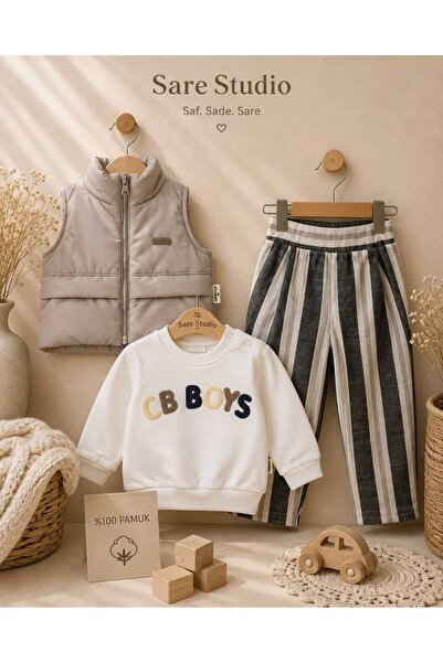 Erkek Bebek Takım %100 Pamuk 3'lü Takım Şişme Yelek Sweatshirt Pantolon Takım
