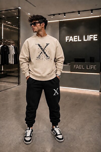 FAEL LİFE Unisex Comfortable Fit Zero Collar and Sweatpants X Printed Set