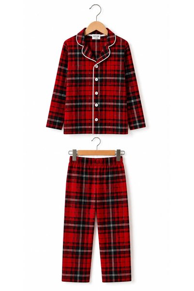 ALİŞ KİDS Suitable for Boy and Father Suede Fabric Red Plaid Pattern Shirt Collar Buttoned Winter Pajama Set