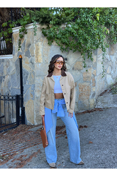 mekabutik Beige Buttoned Velvet Collar Denim Jacket