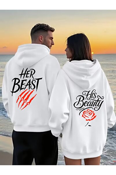 darkopia Lover Couple Combination Beauty Beast Back Printed Design Hooded Swe...