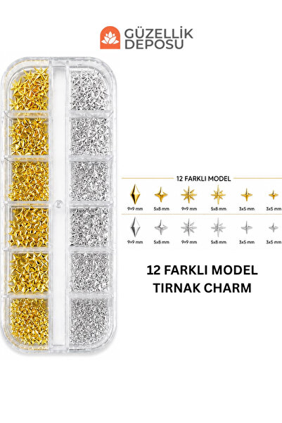 Güzellik Deposu 12 Bölmeli Tırnak Süsleme Seti - Gold & Gümüş Yıldız Tırnak C...