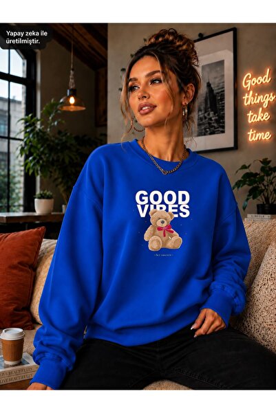 caddekombin Women's Good Vibes Teddy Bear Printed Round Neck Casual Cotton Ba...