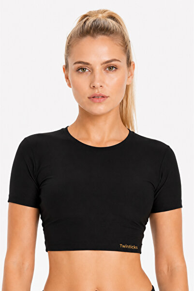 TWINTICKS Women's Black Polyamide Short Sleeve Crop Sports T-Shirt