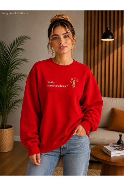 caddekombin Women's Finally She Chose Herself Written Cat Printed Round Neck ...