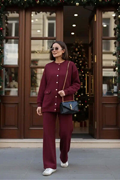 Aselim Hijap Moda Oslo Selanik Kumaş Hırka İkili Takım – Oversize Kalıp – Kışlık Takım Bordo