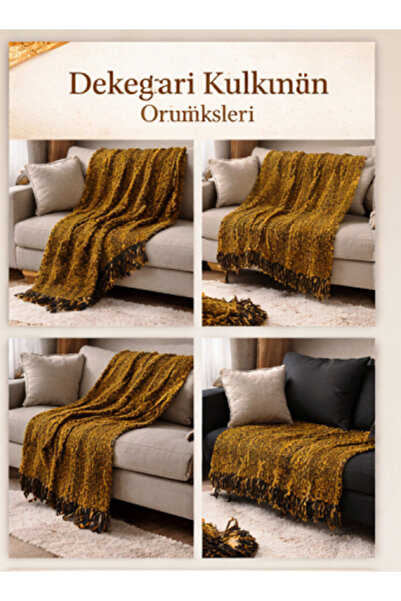 Mandaş Hand-Woven New Generation Sofa Throw 170*170 1 Piece Pack Gold/ Black