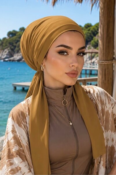 Aişe tesettür Safran Sarı Önü Düz Deniz - Havuz Bonesi