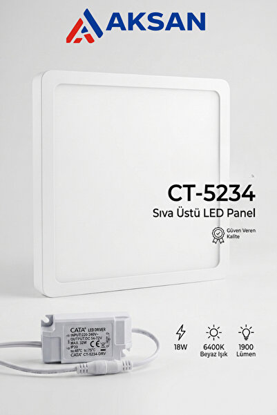 Cata CT-5234 18W Sıva Üstü Kare Led Panel Armatür 6400K Beyaz Işık 1900 Lümen...