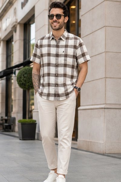 RIVER BLUE Men's Slim Fit Checked Short-Sleeve Shirt - Brown