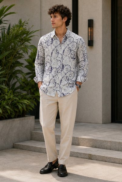 TWILLS Men's Relaxed Fit Printed Long-Sleeve Shirt - White