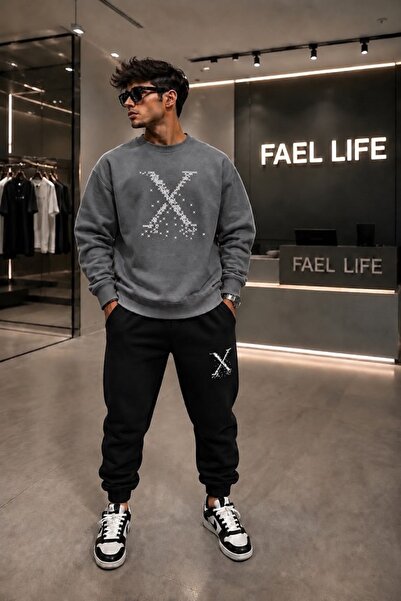 FAEL LİFE Unisex Comfortable Fit Zero Collar and Sweatpants X Printed Set