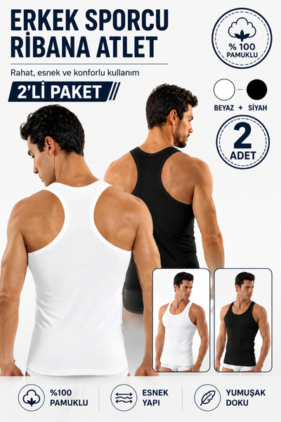 Alıç Men's Athlete Ribbed Undershirt 2-Pack White and Black Color Cotton Flex...
