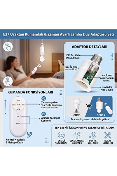 CESOYUNCAK E27 Lamba Tutucu – Uzaktan Kumandalı Zaman ayarlı Enerji Tasarrufu