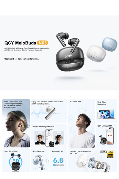 QCY MeloBuds N65 - 6.0 Bluetooth Kulaklık Hi-Res LDAC 60 dB Adaptif ANC - Eller Serbest, 45 ms