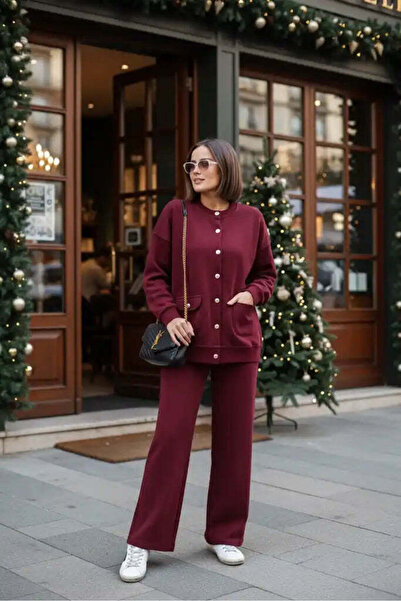 Aselim Hijap Moda Oslo Selanik Kumaş Hırka İkili Takım – Oversize Kalıp – Kışlık Takım Bordo