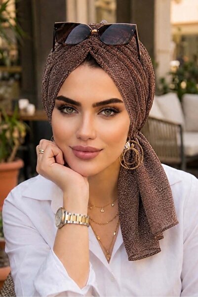 Aişe tesettür Kahverengi Simli Abiye Tokalı Bone