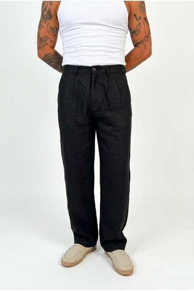 OUTFİT MAN Baggy Raw Linen Trousers Black