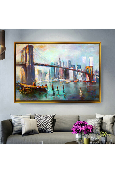 giyense Tablore Yağlı Boya Brooklyn Köprüsü New York Manzaralı Çerçeveli Kanv...