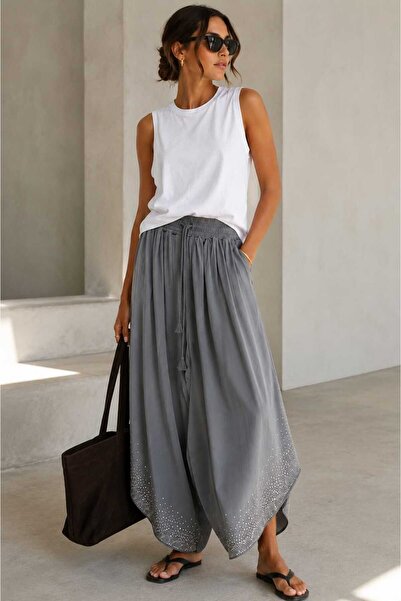 Yumey Gray Stone Detailed Wide Leg Women's Lace-Up Palazzo Trousers