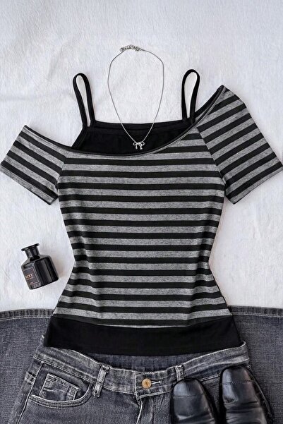Köstebek Black Anthracite Striped Crop Top with Additional Straps Harajuku Y2...