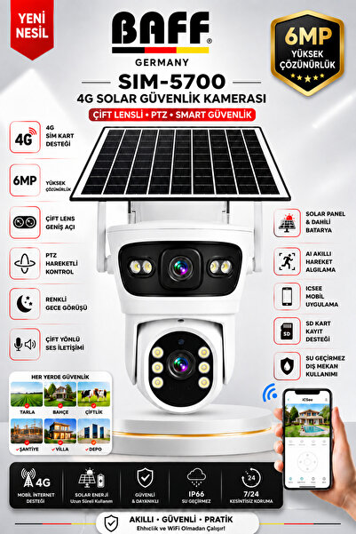BAFF GERMANY SIM-5700 6MP 4G SIM Kartlı Solar Güvenlik Kamerası Çift Lens PTZ...