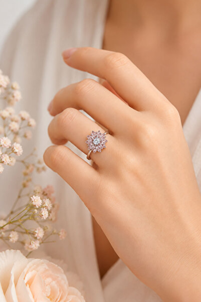 Silvanya Jewelry 925 Ayar Gümüş Ayarlanabilir Pembe Lotus Çiçeği Kadın Yüzük