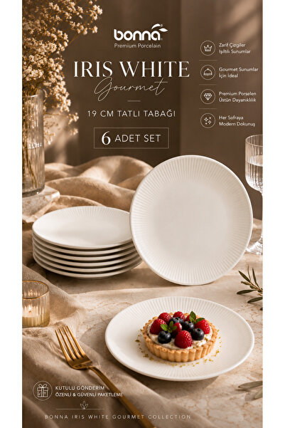 Bonnami 6 Adet Bonna Iris White Gourmet 19 cm Porselen Tatlı ve Pasta Tabağı Seti