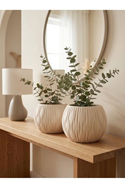 Stone Calm El Yapımı Çizgi Kabartmalı Mermer Tozu Saksı ve Dekoratif Obje - 10x7 cm Minimalist Saksı