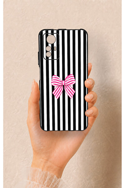 Vip Case Redmi Note 12S Uyumlu Pembe Beyaz Kurdele Desenli Silikon Kılıf