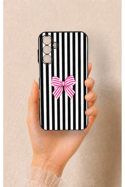 Vip Case Samsung A15 Compatible Pink and White Ribbon Patterned Silicone Case