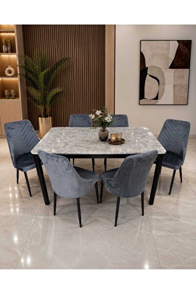 TrentonGCC Marble Dining Table Set with 6 Premium Velvet Chairs – 150 x 90 cm...