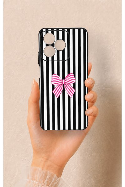 Vip Case Realme C53 Compatible Pink and White Ribbon Patterned Silicone Case