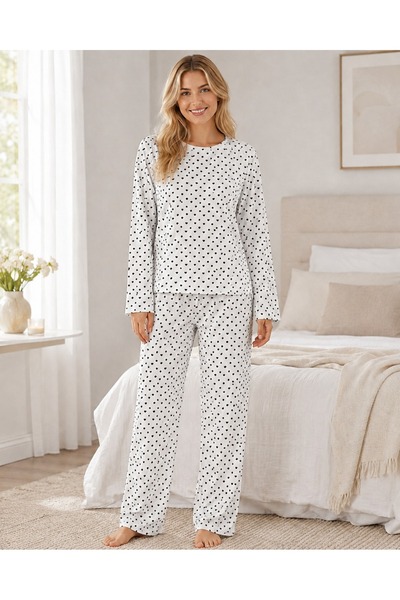 FİT WOMEN Women's Heart Pattern Long Sleeve Comfortable Pajama Set 4673