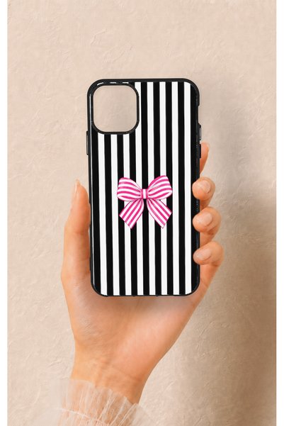 Vip Case حافظة سيليكون متوافقة مع هاتف iPhone 11 Pro Max بنمط شريط وردي وأبيض