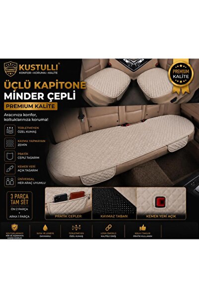 Terletmeyen kapitone oto koltuk minderi 3'lü set Cepli Model (Krem)