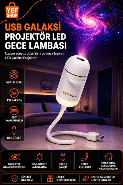 YEF SHOP SB Galaksi Projeksiyon Gece Lambası – 10 Film Diskli, 360° Ayarlanab...
