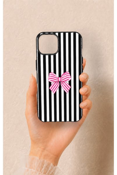 Vip Case حافظة سيليكون مزينة بشريط أبيض وردي متوافقة مع هاتف iPhone 14